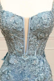 Niulatu Tiffany Blue Spaghetti Straps Tulle Applique Long Prom Dress Sequined Evening Dress with Slits HZ1103