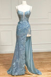 Niulatu Tiffany Blue Spaghetti Straps Tulle Applique Long Prom Dress Sequined Evening Dress with Slits HZ1103