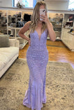 Niulatu Lilac Mermaid V-neck Applique Long Prom Dress Sequined Evening Dress HZ1103