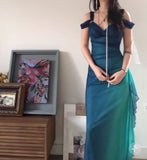 Niulatu Blue Sweetheart Neck Bodycon Dress Ruffled Party Dress Spaghetti Strap Evening Dress HZ1103