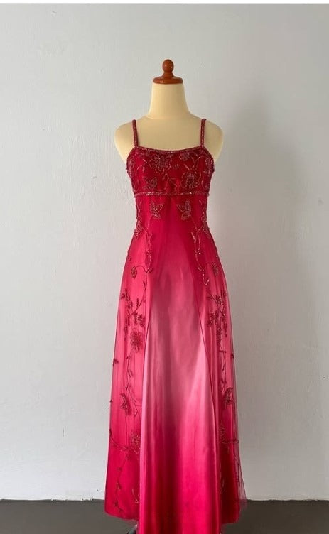 Niulatu Vintage Prom Dress Under $170??Gorgeous Spaghetti Straps Beading Applique Gradient Blue Sleeveless Long Evening Dress HZ1026