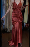 Niulatu Red Vintage Halter Mermaid Satin Long Backless Prom Dress Sleeveless Party Dress HZ1103