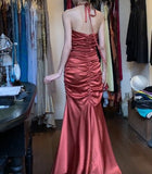 Niulatu Red Vintage Halter Mermaid Satin Long Backless Prom Dress Sleeveless Party Dress HZ1103