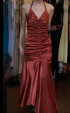 Niulatu Red Vintage Halter Mermaid Satin Long Backless Prom Dress Sleeveless Party Dress HZ1103
