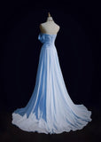 Niulatu Blue A-line Chiffon Pleated One Shoulder Slit Long Evening Gown Wedding Guest Dress HZ1103