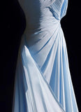 Niulatu Blue A-line Chiffon Pleated One Shoulder Slit Long Evening Gown Wedding Guest Dress HZ1103