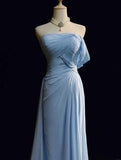 Niulatu Blue A-line Chiffon Pleated One Shoulder Slit Long Evening Gown Wedding Guest Dress HZ1103