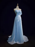 Niulatu Blue A-line Chiffon Pleated One Shoulder Slit Long Evening Gown Wedding Guest Dress HZ1103