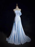Niulatu Blue A-line Chiffon Pleated One Shoulder Slit Long Evening Gown Wedding Guest Dress HZ1103
