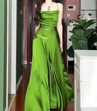 Niulatu Green Spaghetti Strap Slit Satin Long Sleeveless Prom Dress Party Pong Evening Dress HZ1103