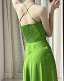 Niulatu Green Spaghetti Strap Slit Satin Long Sleeveless Prom Dress Party Pong Evening Dress HZ1103