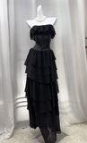 Niulatu Black Strapless A-Line Layered Chiffon Long Prom Dress Graduation Prom Dress HZ1103