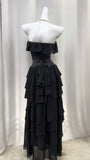 Niulatu Black Strapless A-Line Layered Chiffon Long Prom Dress Graduation Prom Dress HZ1103