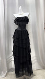 Niulatu Black Strapless A-Line Layered Chiffon Long Prom Dress Graduation Prom Dress HZ1103