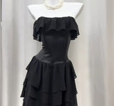 Niulatu Black Strapless A-Line Layered Chiffon Long Prom Dress Graduation Prom Dress HZ1103