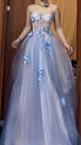 Niulatu A-Line Spaghetti Strap Tulle Applique Long Prom Dress Sweet Evening Dress HZ1103