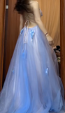 Niulatu A-Line Spaghetti Strap Tulle Applique Long Prom Dress Sweet Evening Dress HZ1103