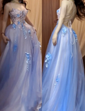 Niulatu A-Line Spaghetti Strap Tulle Applique Long Prom Dress Sweet Evening Dress HZ1103