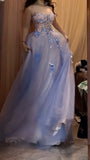 Niulatu A-Line Spaghetti Strap Tulle Applique Long Prom Dress Sweet Evening Dress HZ1103