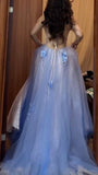 Niulatu A-Line Spaghetti Strap Tulle Applique Long Prom Dress Sweet Evening Dress HZ1103