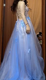 Niulatu A-Line Spaghetti Strap Tulle Applique Long Prom Dress Sweet Evening Dress HZ1103