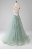 Niulatu Green A-Line Tulle Strapless Sequined Long Prom Dresses for Birthday Backless Evening Gowns HZ1103