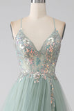 Niulatu Green A-Line Tulle Strapless Sequined Long Prom Dresses for Birthday Backless Evening Gowns HZ1103