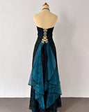 Niulatu Strapless Teal Satin Sleeveless Black Tulle Beaded Ball Dress Birthday Evening Dress HZ1103