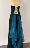 Niulatu Strapless Teal Satin Sleeveless Black Tulle Beaded Ball Dress Birthday Evening Dress HZ1103