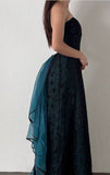 Niulatu Strapless Teal Satin Sleeveless Black Tulle Beaded Ball Dress Birthday Evening Dress HZ1103