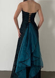 Niulatu Strapless Teal Satin Sleeveless Black Tulle Beaded Ball Dress Birthday Evening Dress HZ1103