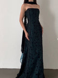 Niulatu Strapless Teal Satin Sleeveless Black Tulle Beaded Ball Dress Birthday Evening Dress HZ1103