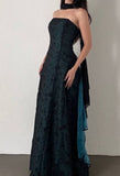 Niulatu Strapless Teal Satin Sleeveless Black Tulle Beaded Ball Dress Birthday Evening Dress HZ1103