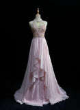 Niulatu Pink A-Line Tulle High Neck Chiffon Long Beaded Backless Prom Dress Retro Wedding Birthday Dress HZ1103