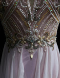 Niulatu Pink A-Line Tulle High Neck Chiffon Long Beaded Backless Prom Dress Retro Wedding Birthday Dress HZ1103