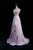Niulatu Pink A-Line Tulle High Neck Chiffon Long Beaded Backless Prom Dress Retro Wedding Birthday Dress HZ1103