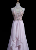 Niulatu Pink A-Line Tulle High Neck Chiffon Long Beaded Backless Prom Dress Retro Wedding Birthday Dress HZ1103