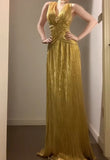 Niulatu Temperament Golden V-neck Long Prom Dress Birthday Party Dress HZ1103