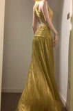 Niulatu Temperament Golden V-neck Long Prom Dress Birthday Party Dress HZ1103