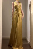 Niulatu Temperament Golden V-neck Long Prom Dress Birthday Party Dress HZ1103
