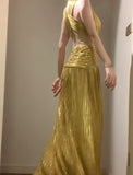 Niulatu Temperament Golden V-neck Long Prom Dress Birthday Party Dress HZ1103