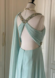 Niulatu Tiffany Blue Chiffon V-neck Beaded Sequin A-Line Long Prom Dress Wedding Evening Dress HZ1103
