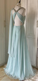 Niulatu Tiffany Blue Chiffon V-neck Beaded Sequin A-Line Long Prom Dress Wedding Evening Dress HZ1103