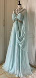 Niulatu Tiffany Blue Chiffon V-neck Beaded Sequin A-Line Long Prom Dress Wedding Evening Dress HZ1103