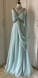 Niulatu Tiffany Blue Chiffon V-neck Beaded Sequin A-Line Long Prom Dress Wedding Evening Dress HZ1103