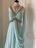 Niulatu Tiffany Blue Chiffon V-neck Beaded Sequin A-Line Long Prom Dress Wedding Evening Dress HZ1103