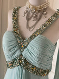 Niulatu Tiffany Blue Chiffon V-neck Beaded Sequin A-Line Long Prom Dress Wedding Evening Dress HZ1103