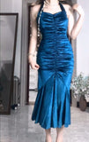 Niulatu Blue Pleated Mermaid Satin Open Back Prom Dress Birthday Dress HZ1103