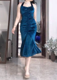 Niulatu Blue Pleated Mermaid Satin Open Back Prom Dress Birthday Dress HZ1103