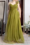 Niulatu Olive Green Spaghetti Strap Tulle Long Prom Dress Sweet Birthday Evening Dress HZ1103